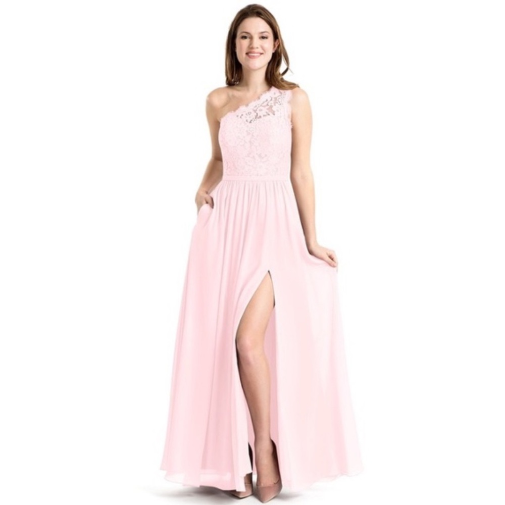 Azazie One Shoulder Pink Lace Top Chiffon Dress Slit